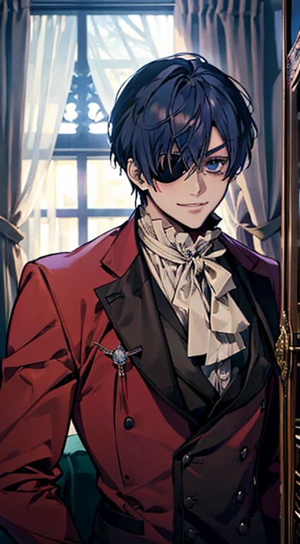 (Ciel Phantomhive,Kuroshitsuji),1boy, eyepatch on left eye,male photo, elegant,best quality, (masterpiece:1.2),ultra detailed, adult, mature, muscle man, very muscular man, cute smile, red suit, bedroom, hotel room, elegant room, starry sky outside of window