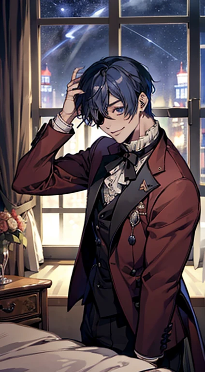 (Ciel Phantomhive,Kuroshitsuji),1boy, eyepatch on left eye,male photo, elegant,best quality, (masterpiece:1.2),ultra detailed, adult, mature, muscle man, very muscular man, cute smile, red suit, bedroom, hotel room, elegant room, starry sky outside of window