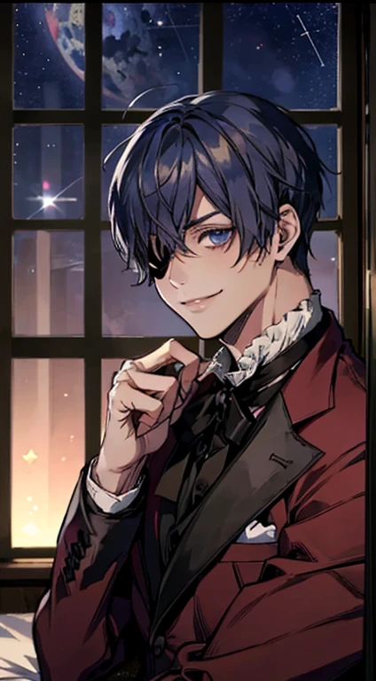 (Ciel Phantomhive,Kuroshitsuji),1boy, eyepatch on left eye,male photo, elegant,best quality, (masterpiece:1.2),ultra detailed, adult, mature, muscle man, very muscular man, cute smile, red suit, bedroom, hotel room, elegant room, starry sky outside of window