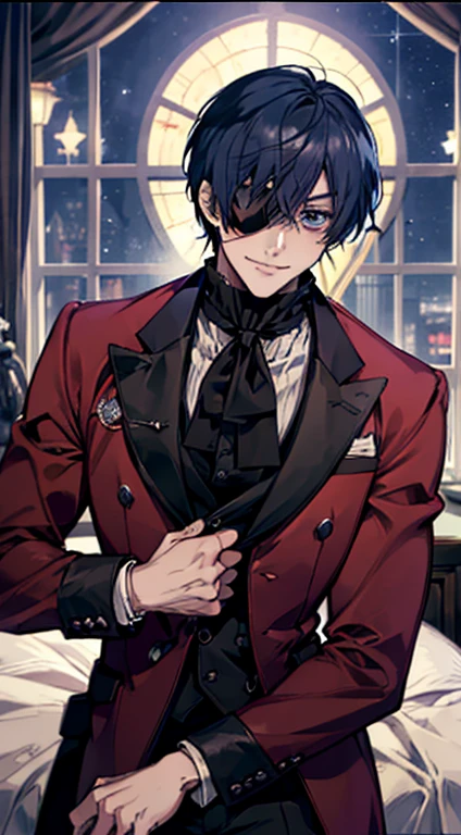 (Ciel Phantomhive,Kuroshitsuji),1boy, eyepatch on left eye,male photo, elegant,best quality, (masterpiece:1.2),ultra detailed, adult, mature, muscle man, very muscular man, cute smile, red suit, bedroom, hotel room, elegant room, starry sky outside of window