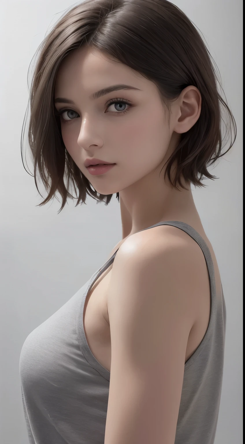 8K uhd、RAWphotograph、モデルphotograph撮影、 European race、(masterpiece、highest quality、Photorealistic、High resolution、photograph:1.3)、Close-up、Focusing、Hot Model、slim、30 year old mature woman、Small face、Short Hair、Dark Brown Hair、Fine beautiful eyes、Realスキン、(perfect body)、Sexy hot face、Erotic、Sexual gaze、slim、Sweat top、Detailed beautiful eyes、Glossy lips、Small breasts、、Bust B cup、((Bright light、Dynamic lighting、Real、超Real、 realism、Realなディテール、Cool beauty、Cool pose、Background gray、Plain grey background