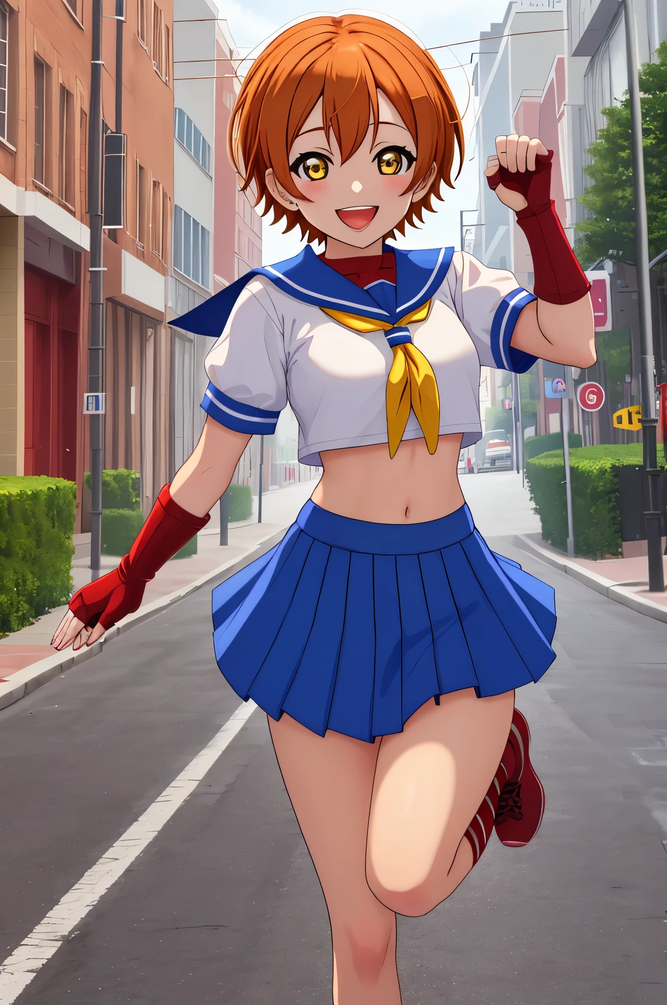 Masterpiece,best quality,Hoshizora rin, orange hair, yellow eyes ,bangs , crop top, red neckerchief,blue micro skirt, fingerless gloves, thighs, standing on one leg, cowboy shot,in street , :D ,posing