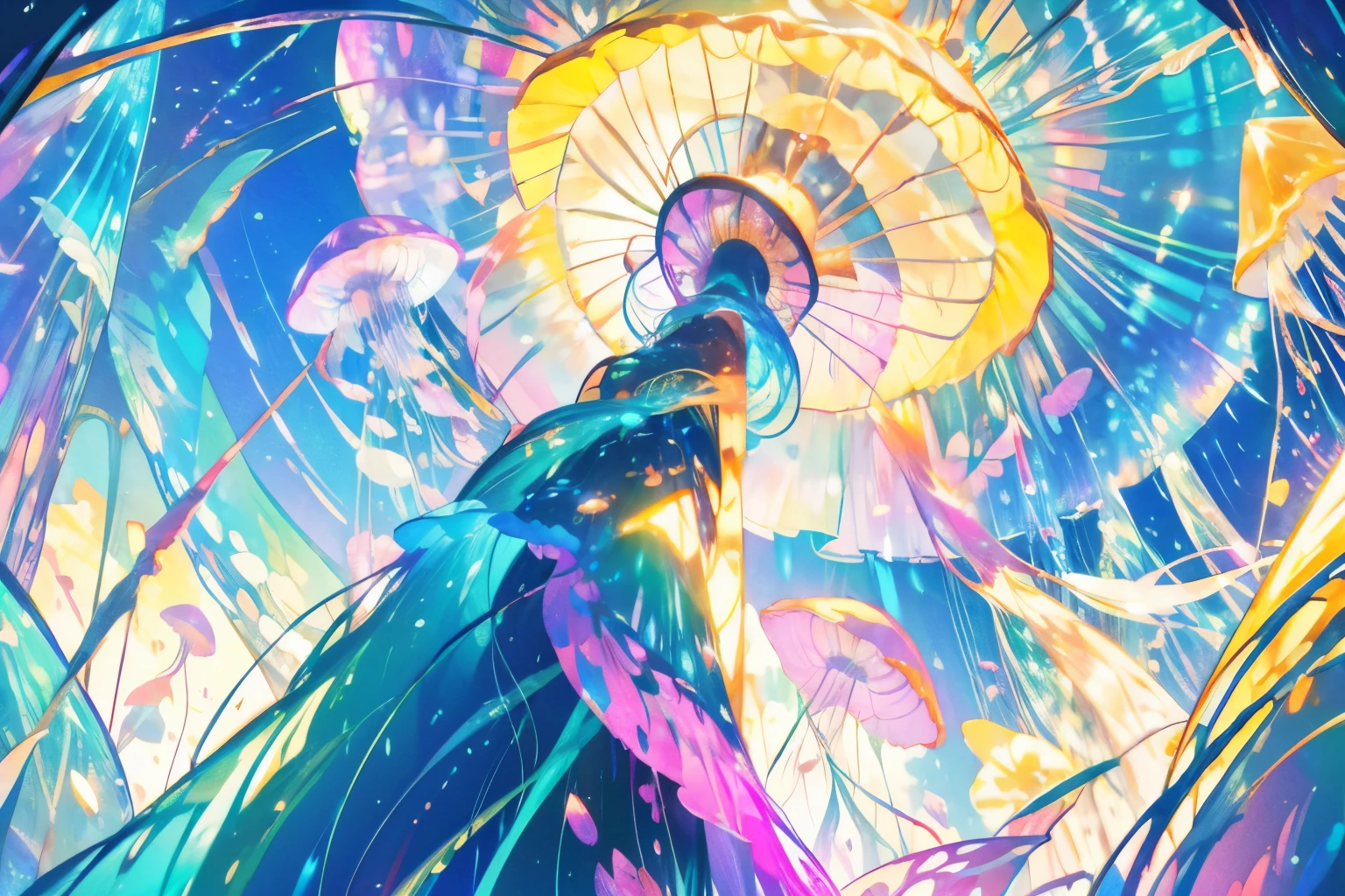 Close-up of a huge colorful jellyfish, angle from below, background is twilight, fantastic
