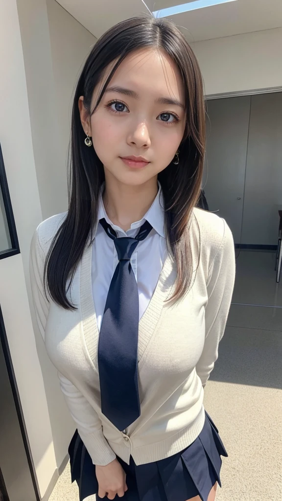 a Japanese girl walking in the school, school, a white wall, a grey table, ((master piece)), ((best quality)), ((intricate detailed)), ((Hyperrealistic)), milf, mature woman, perspective, highly detailed, illustration, ((natural beautiful breasts)), perfect hands, detailed fingers, beautiful detailed eyes, medium long hair, blown eyes, school blazer, school shirt, school dark blue mini skirt, long school necktie, earrings, detailed background, perfect eyes, looking at the viewer, from front, white panties, slender body, 168cm,