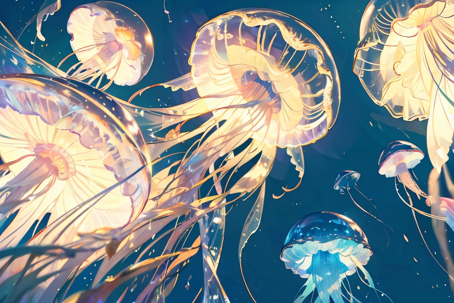 Top quality, large jellyfish, angle from below, jellyfish flying in the fantastic night sky, close up