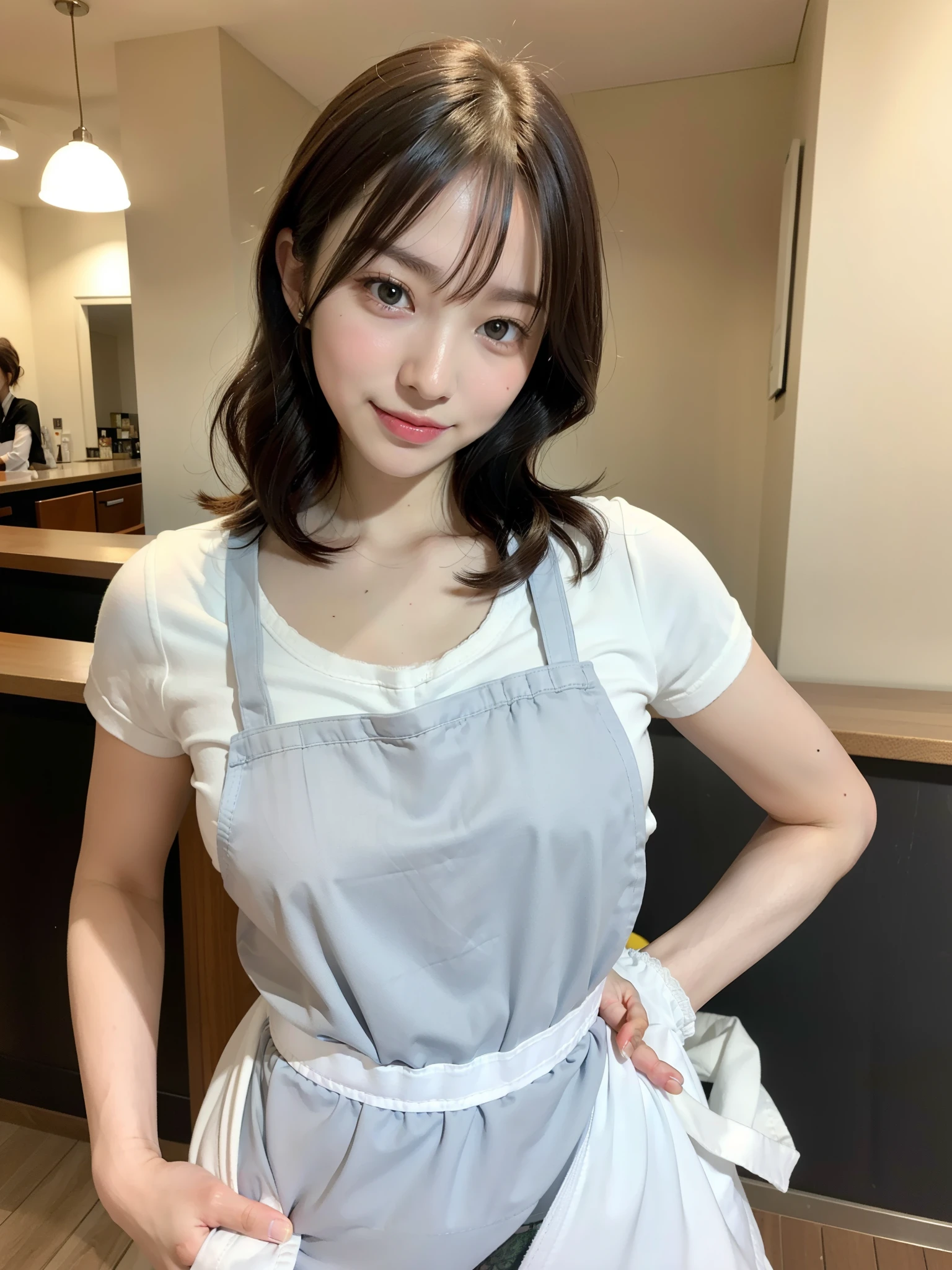 a woman is cooking、(kitchin_Apron:1.Wear 3)、Good Hand、4K、hight resolution、​masterpiece、top-quality、Cap:1.3、((Hasselblad photo))、Fine skin、foco nítido、(lighting like a movie)、Soft lighting、dynamic ungle、[:(详细的脸:1.2):0.2]、Medium chest、sweats streamed skin:1.2、(((In the kitchen))) A smile　Viewer's Perspective　Colossal tits　Beautiful body　Her hair is neatly tied