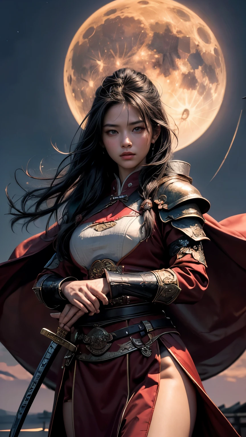 highest quality、masterpiece、超A high resolution、(Cowboy Shot),(Realistic), (Ultra-realistic), (超High resolution), (Ultra high definition), (One girl), ((Ultra-Realistic Details)),(Photorealistic:1.4)Beautiful Face, Cute face, 、RAW Photos, highest quality,masterpiece,highest quality,超High resolution)((masterpiece, highest quality, High resolution, Realistic, born, 8k wallpaper)), Female swordsman in Chinese clothing, Heroes of the Three Kingdoms, (He has a big sword in both hands), She has long black hair tied back, Wearing iron armor and a red cloak, Full moon night、Burning Castle、