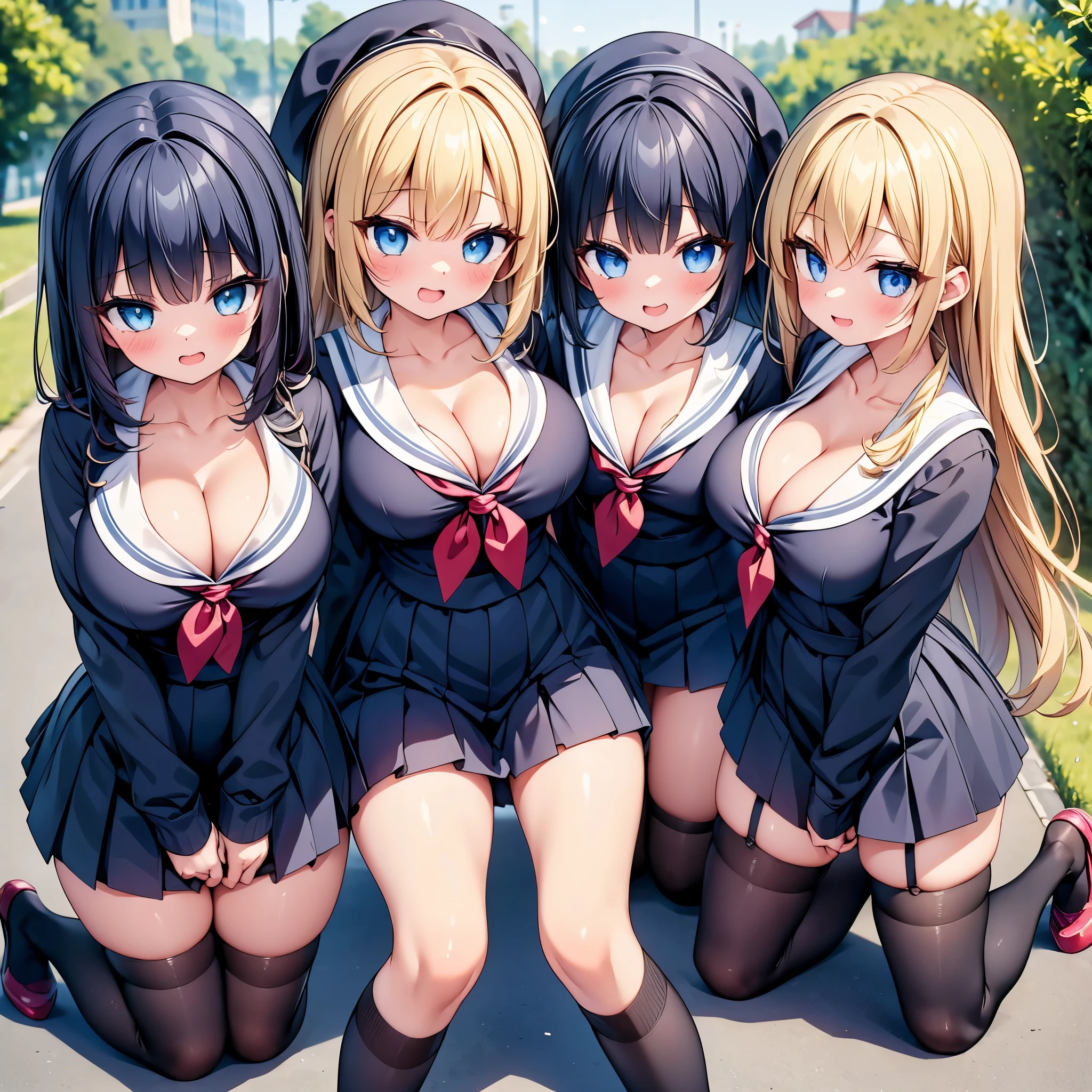 highest quality,wonderful,finely,extremely detailed CG Unity 8K wallpaper, (3 girls, Stand in line:1.3), (cute eyes, Sailor suit:1.1, clothed), (sparkling eyes:1.2), (huge breasts), (all fours:1.3), (open mouth:1.1), (long tongue:1.1), (mouth drool:1.1), (black stockings:1.1),(Thighs:1.1),(Waistline:1.1),(cleavage),(from above:1.4)