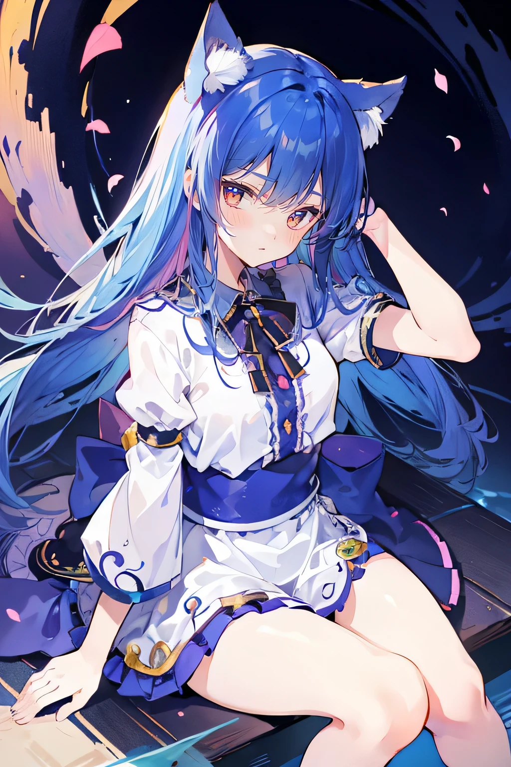 (masterpiece:1.2),Super detailed,Practical,expressive eyes,Fair skin,Perfect face shaping,1 Girl,
Japanese cartoons,Gorgeous blue hair, the long flowing blue hair,Floating clothes,Cat ears,Petals falling,beautiful lola,Young Angel,
Hands on waist,sit elegantly on the ground,Cross your legs,Gentle and peaceful background,Cool and cozy pavilion,Sunset,