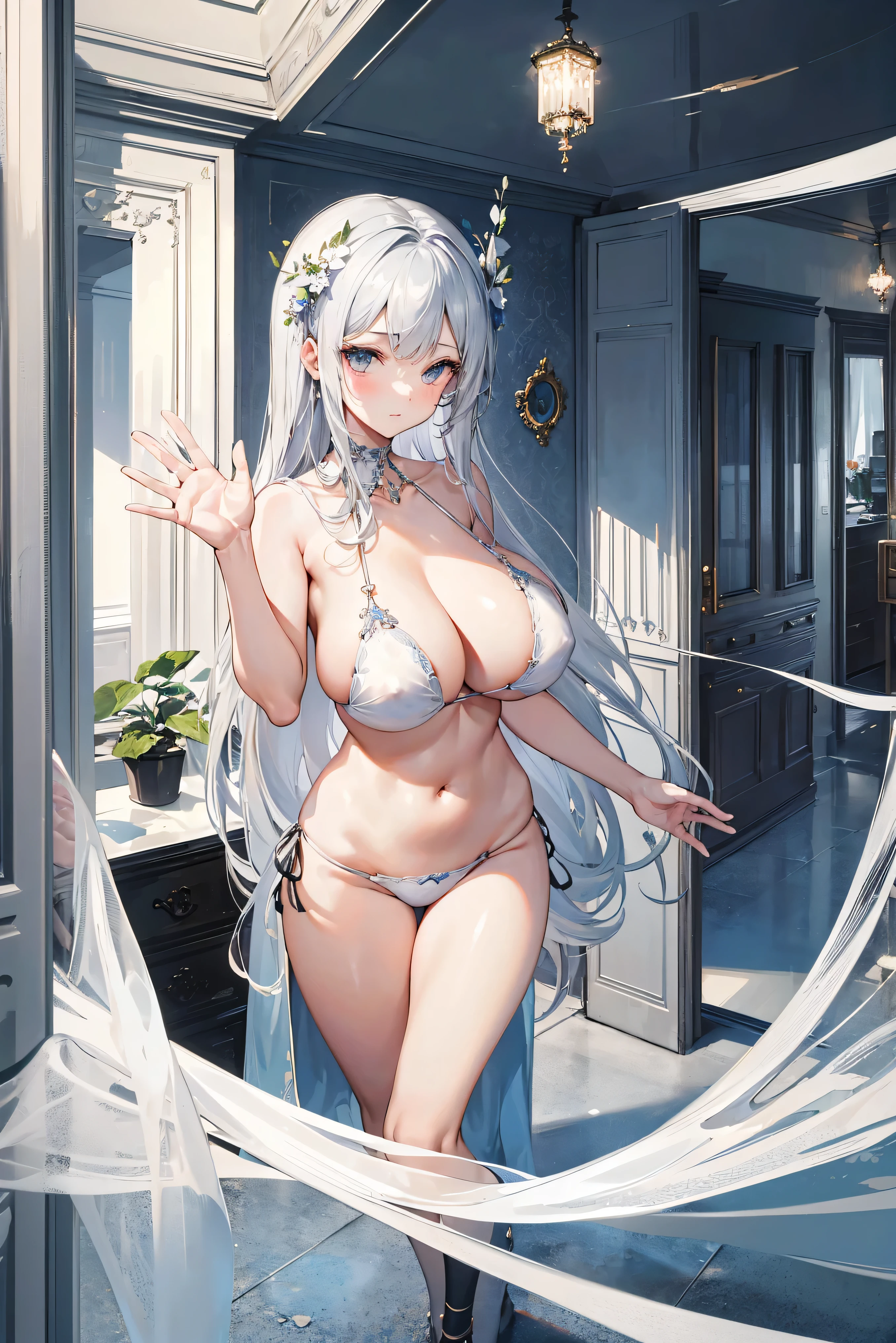 masterpiece, best quality, finely detailed, high resolution, extremely delicate and beautiful, 1girl, silver hair, (huge breasts), narrow waist, (bikini:1.2), (room), (waving:1.2)