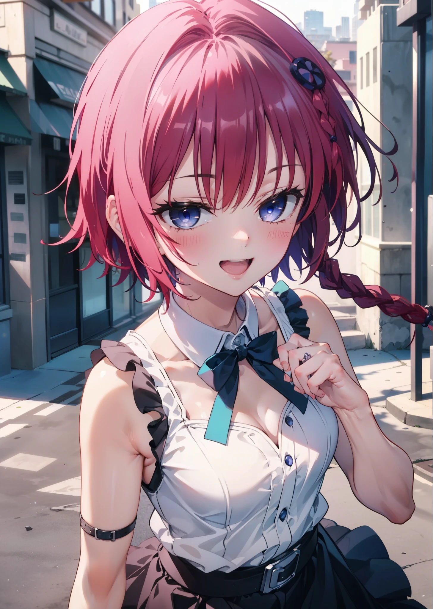 (masterpiece, highest quality:1.2),shape,8k,High resolution,kurosaki mea,Cowboy Shot,As if your whole body is in the illustration,1 girl,happy smile, smile, Open your mouth,Red hair,Long braids,Upper Body,(Portraiture:1.2),hair ornaments,smile,Purple eyes,Medium Chest,White Hair Band,Sleeveless dress,Long skirt,Cute Sandals,happy smile, smile, Open your mouth,smile,blush, Building district (Cowboy Shot:1. 5),(masterpiece:1.2), highest quality, High resolution, unity 8k wallpaper, (shape:0.8), (Beautiful and detailed:1.6), Highly detailed face, Perfect lighting, Extremely detailed CG, (Perfect hands, Perfect Anatomy),