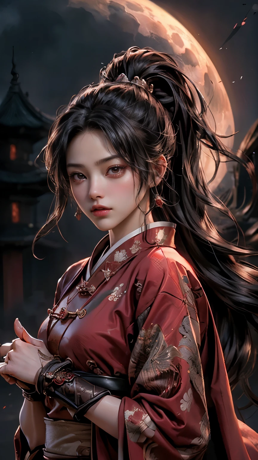 highest quality、masterpiece、超A high resolution、(Cowboy Shot),(Realistic), (Ultra-realistic), (超High resolution), (Ultra high definition), (One girl), ((Ultra-Realistic Details)),(Photorealistic:1.4)Beautiful Face, Cute face, 、RAW Photos, highest quality,masterpiece,highest quality,超High resolution)((masterpiece, highest quality, High resolution, Realistic, born, 8k wallpaper)), Female swordsman in Chinese clothing, Heroes of the Three Kingdoms, (He has a big sword in both hands), She has long black hair tied back, Wearing iron armor and a red cloak, Full moon night、Burning Castle、