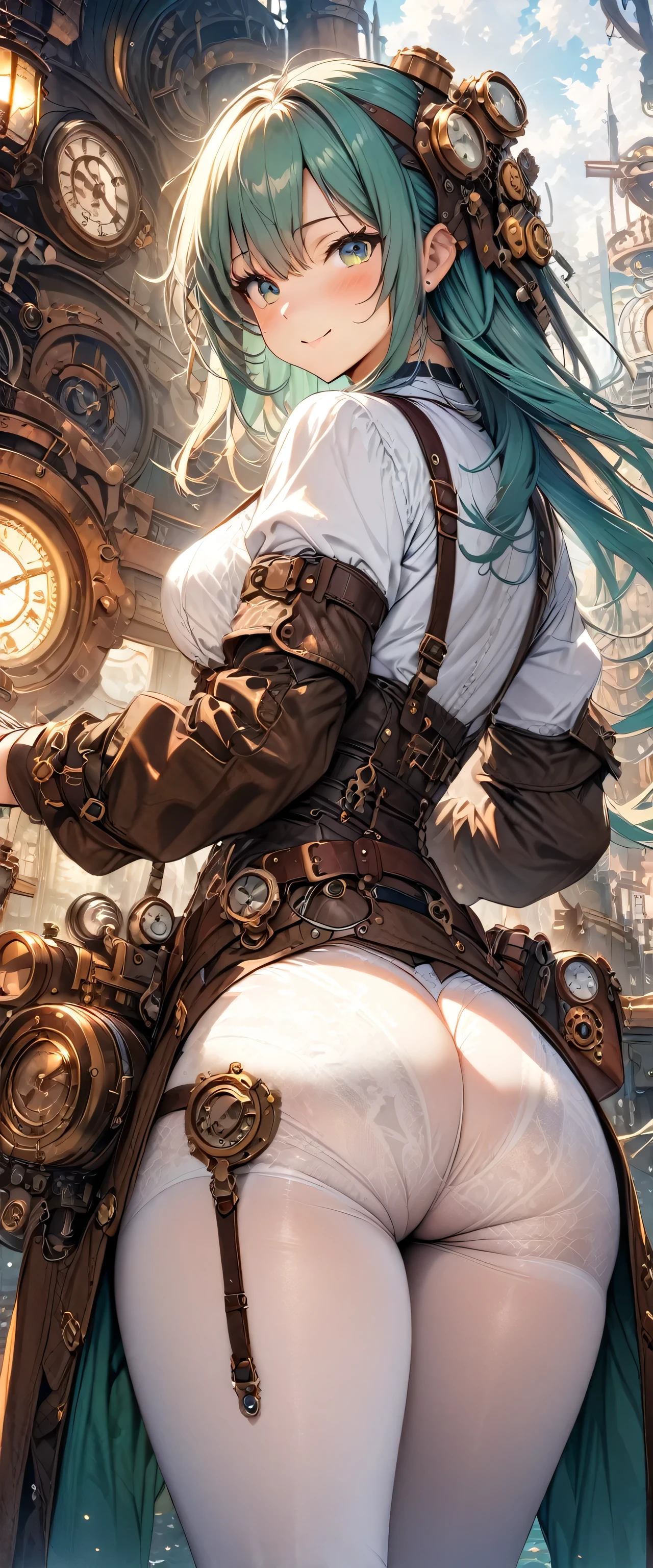 ((masterpiece, highest quality, Best image quality, High resolution)), ((Highly detailed CG synthesis 8k wallpaper)), steampunk、beautiful girl,White tights、Subject showing his/her backside、 dream-like, Turn around and smile,