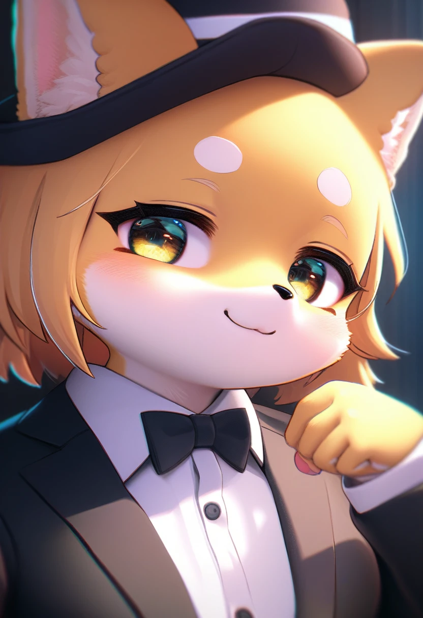 (masterpiece), (best quality), (ultra detailed), expressive eyes, perfect face, unreasonable, complex and detailed, incredibly absurdres absolutely resolution, highres, texture, 4K, 8K, 1 Shiba Inu girl, solo, kawaii, kemono, cute  clothes, tuxedo, hat, Seductive smile, Modern, Cinematic lighting, illustration, signatuer pose,