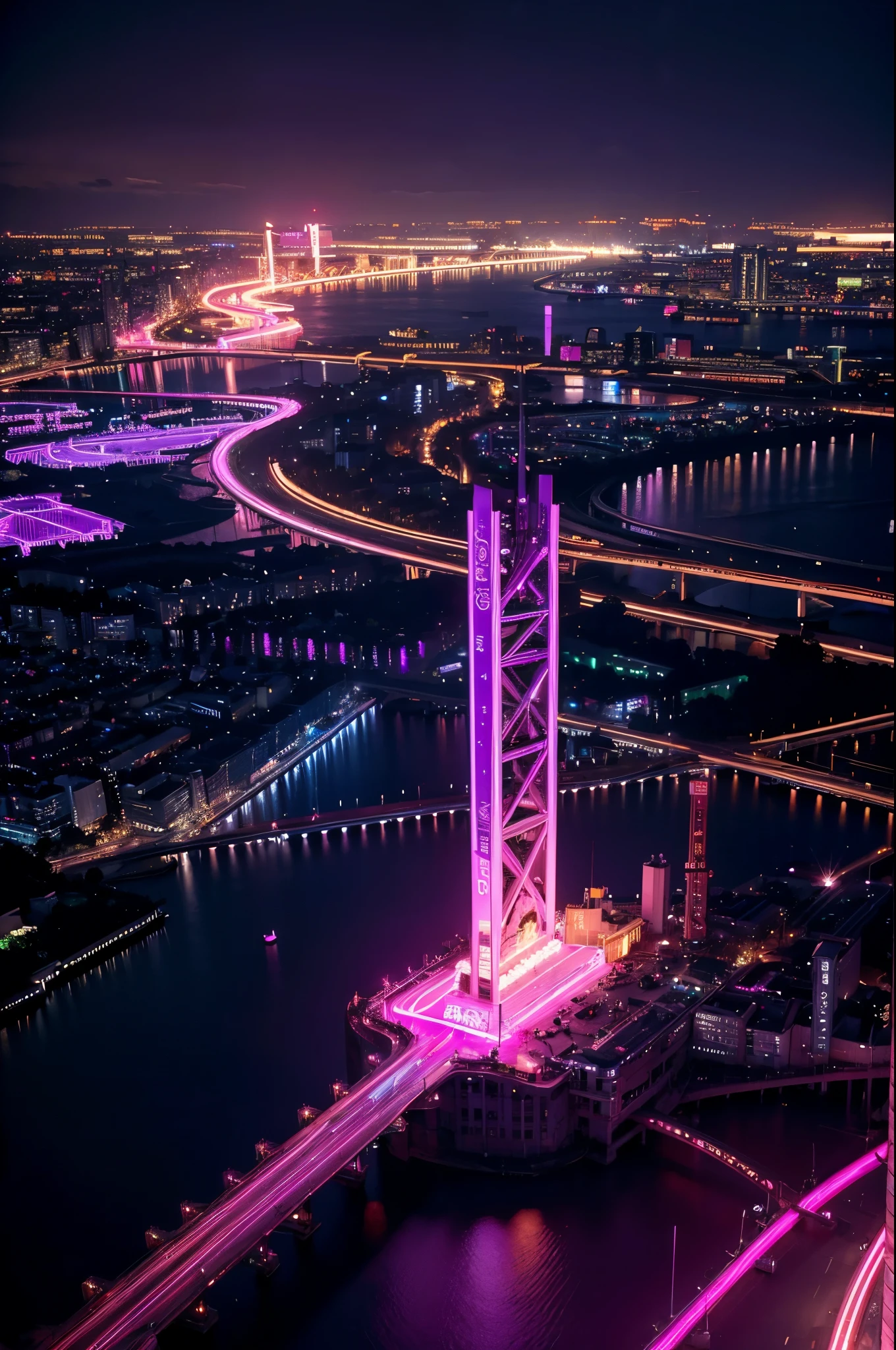 glowneon, cinematic film still, A glowing city from above emitting pink and white neon light, dark amethyst