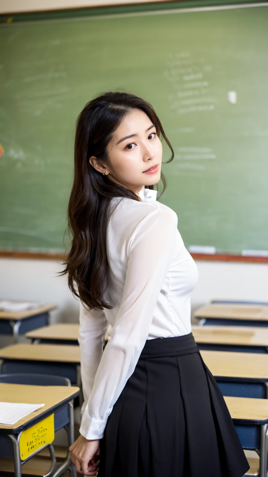 High resolution, highest quality, masterpiece, Textured skin, Anatomically correct, sharp, (((Full body photo))), (Shooting from the side), Alone in the classroom, (walking), ((Japanese Mature, 42 years old)), Nasolabial folds, Black Hair, Semi-long hair, (Plump figure:1.4), Shapely small breasts, (Looking at the camera), Serious expression, (Business look), ((teacher)), Black ribbed V-neck、Long sleeve, Formal tight skirt, pumps, necklace, Earrings