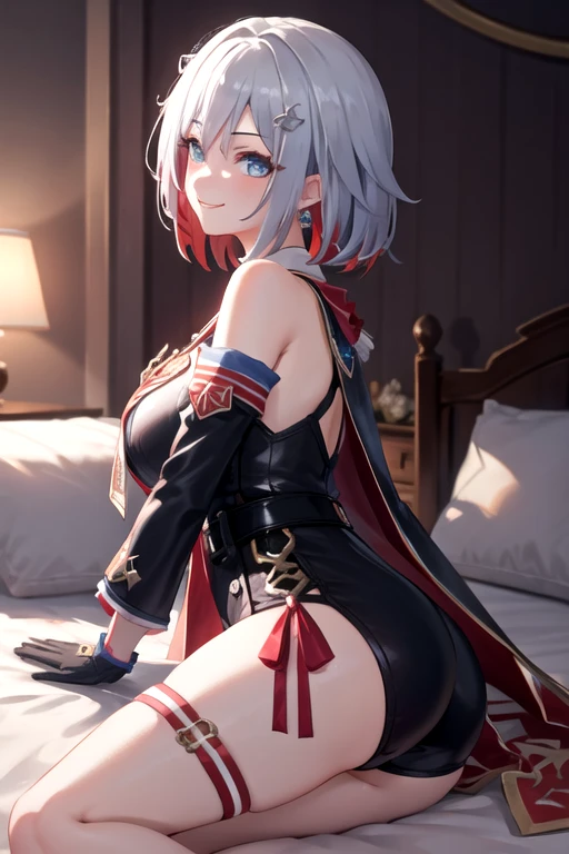 1girl, topaz \(honkai: star rail\), solo, black gloves, thigh strap, hair ornament, unitard, detached sleeves, badge, side cape, belt, cowboy shot, bedroom, depth of field, sitting on side of the bed, reclining, arm support, gasping, ecstasy, seductive smile, masterpiece, large breasts, thights, ass shape,