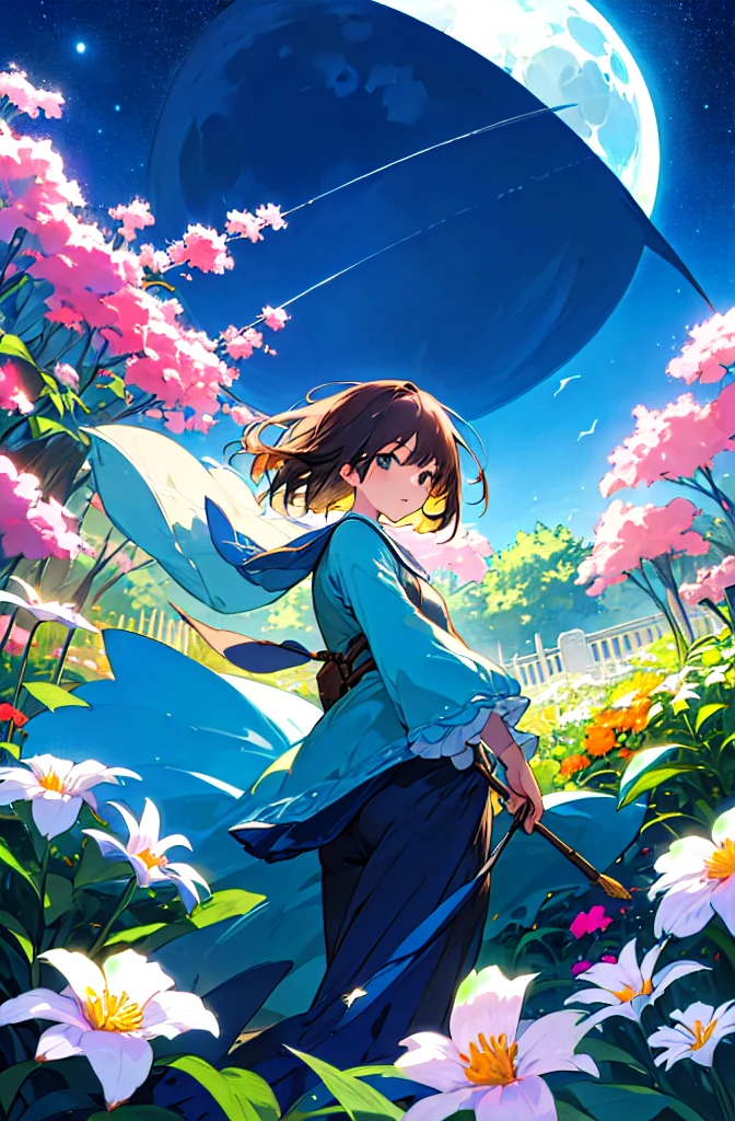 top-quality、high_resolution、distinct_image、Detailed background、girl with、a moon、garden、the wind 、Dreams