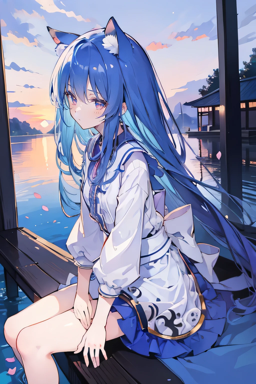 (masterpiece:1.2),Super detailed,Practical,expressive eyes,Fair skin,Perfect face shaping,1 Girl,
Japanese cartoons,Gorgeous blue hair, the long flowing blue hair,Floating clothes,Cat ears,Petals falling,beautiful lola,Young Angel,
Hands on waist,sit elegantly on the ground,Cross your legs,Gentle and peaceful background,Cool and cozy pavilion,Sunset,
