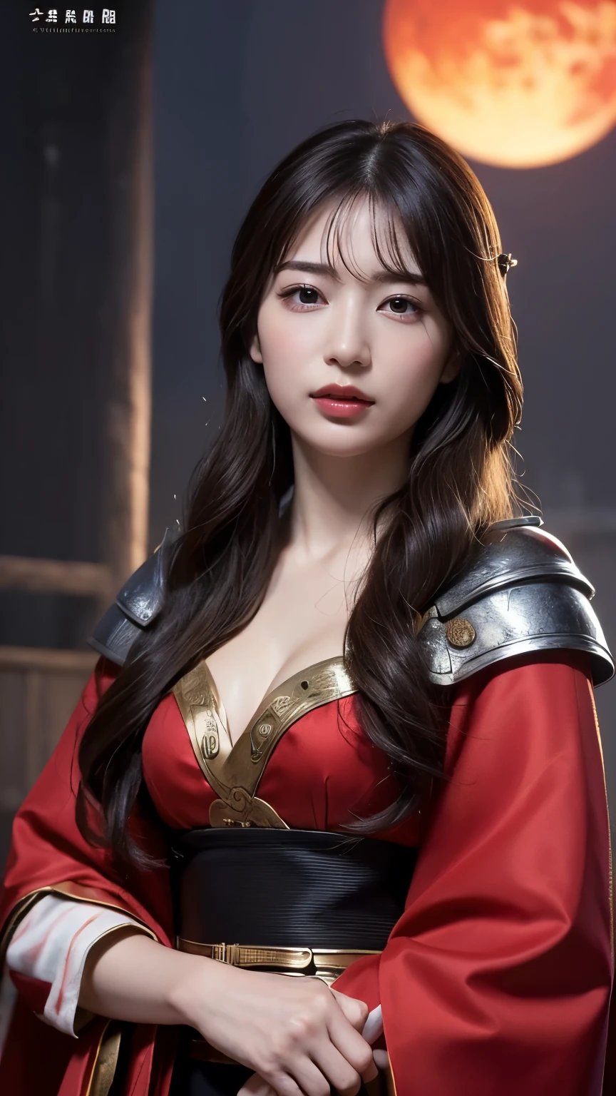 highest quality、masterpiece、超A high resolution、(Cowboy Shot),(Realistic), (Ultra-realistic), (超High resolution), (Ultra high definition), (One girl), ((Ultra-Realistic Details)),(Photorealistic:1.4)Beautiful Face, Cute face, 、RAW Photos, highest quality,masterpiece,highest quality,超High resolution)((masterpiece, highest quality, High resolution, Realistic, born, 8k wallpaper)), Female swordsman in Chinese clothing, Heroes of the Three Kingdoms, (He has a big sword in both hands), She has long black hair tied back, Wearing iron armor and a red cloak, Full moon night、Burning Castle、
