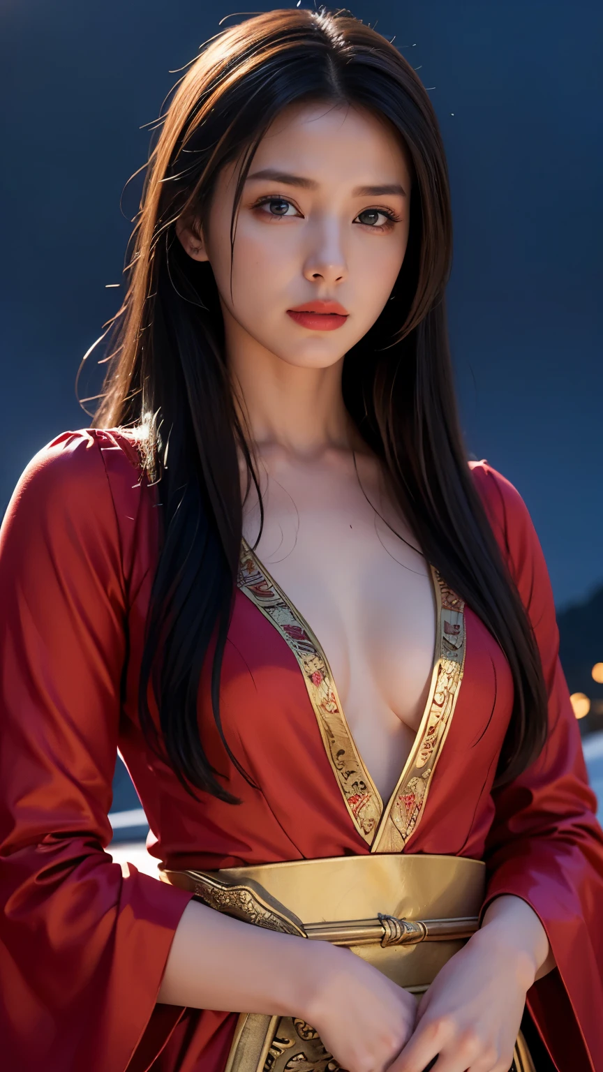 highest quality、masterpiece、超A high resolution、(Cowboy Shot),(Realistic), (Ultra-realistic), (超High resolution), (Ultra high definition), (One girl), ((Ultra-Realistic Details)),(Photorealistic:1.4)Beautiful Face, Cute face, 、RAW Photos, highest quality,masterpiece,highest quality,超High resolution)((masterpiece, highest quality, High resolution, Realistic, born, 8k wallpaper)), Female swordsman in Chinese clothing, Heroes of the Three Kingdoms, (He has a big sword in both hands), She has long black hair tied back, Wearing iron armor and a red cloak, Full moon night、Burning Castle、