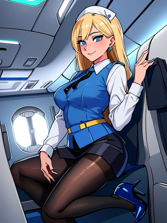 masterpiece, best quality, Blonde hair, Blue eyes, Extremely detailed_Eyes, (eyes liner:0.5),(Blush:0.5), Simple Diamond Earrings, view the viewer, Light smile, finger nails, beautiful fingers, ((Wearing: Blue Flight attendant uniform, Simple Diamond Earrings, Black pantyhose, Black high heels, Blue short skirt uniform:1.1)), on board plane（(inside airplane)), Perfect Anatomy,(Professional Lighting), sharp focus, even lighting, insane details, intricate details, hyperdetailed, rich colors,
