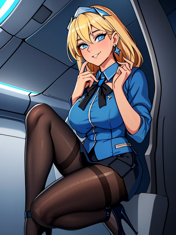 masterpiece, best quality, Blonde hair, Blue eyes, Extremely detailed_Eyes, (eyes liner:0.5),(Blush:0.5), Simple Diamond Earrings, view the viewer, Light smile, finger nails, beautiful fingers, ((Wearing: Blue Flight attendant uniform, Simple Diamond Earrings, Black pantyhose, Black high heels, Blue short skirt uniform:1.1)), on board plane（(inside airplane)), Perfect Anatomy,(Professional Lighting), sharp focus, even lighting, insane details, intricate details, hyperdetailed, rich colors,
