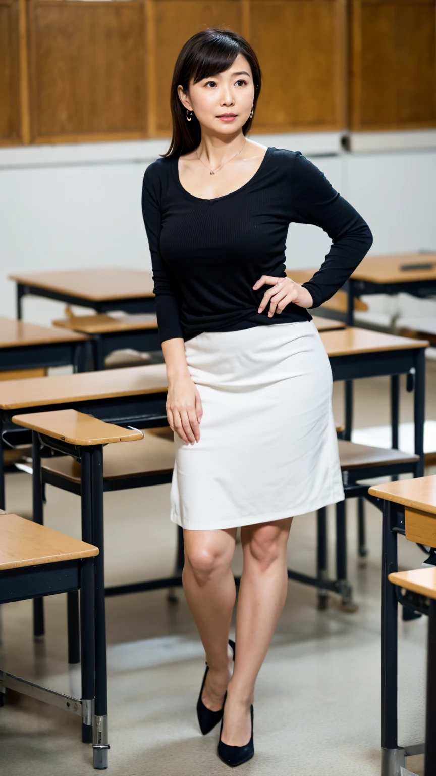 High resolution, highest quality, masterpiece, Textured skin, Anatomically correct, sharp, (((Full body photo))), (Shooting from the side), Alone in the classroom, (walking), ((Japanese Mature, 42 years old)), Nasolabial folds, Black Hair, Semi-long hair, (Plump figure:1.4), Shapely small breasts, (Looking at the camera), Serious expression, (Business look), ((teacher)), Black ribbed V-neck、Long sleeve, Formal tight skirt, pumps, necklace, Earrings