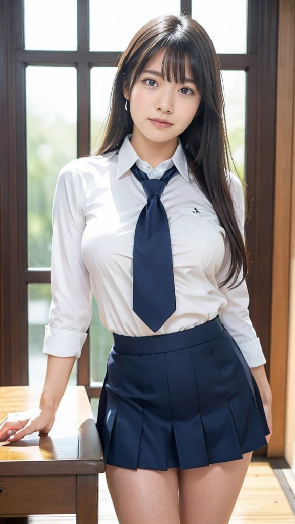 a Japanese girl walking in the school, school, a white wall, a grey table, ((master piece)), ((best quality)), ((intricate detailed)), ((Hyperrealistic)), milf, mature woman, perspective, highly detailed, illustration, ((natural beautiful breasts)), perfect hands, detailed fingers, beautiful detailed eyes, medium long hair, blown eyes, school blazer, school shirt, school dark blue mini skirt, long school necktie, earrings, detailed background, perfect eyes, looking at the viewer, from front, white panties, slender body, 168cm,