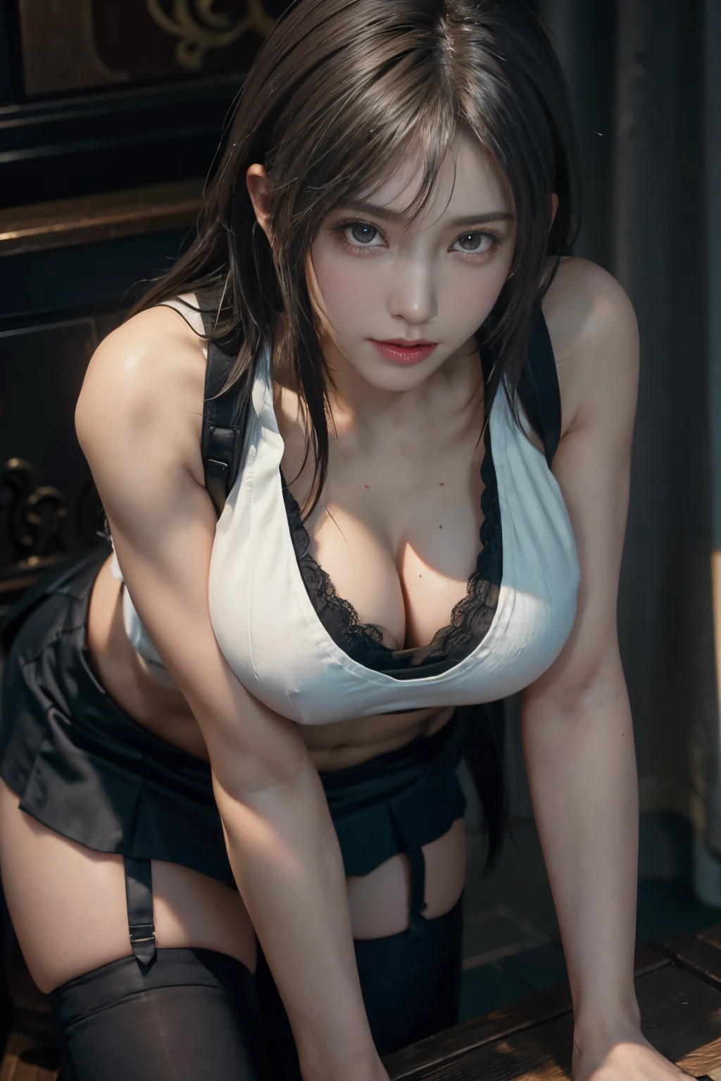 masterpiece, 最high quality, Ultra-high resolution, (Realistic:1.4), Detailed beautiful face, , One girl, Tifa_Lockhart, Final Fantasy VII Remake, Stunning European Women, suspenders,black low rise mini skirt, White tank top with black hem, A tense shirt, long straight black hair, Very beautiful and shining eyes、Sweating, blush ,Beautiful feet, So cute, Close-upポトレイト, 柔らかい肌のPerfect Faceを持つ素敵な, Perfect Face, Huge breasts, 、Chainetter、thigh、In the dungeon, scar, Complete diagram, Shapely hips, 8k resolution,Surreal,Ultra-detailed,high quality, (Huge teardrop chest, Huge breastsの谷間:1.2), Low Cut， Giant tit， Close-up,No bra,A broad perspective
