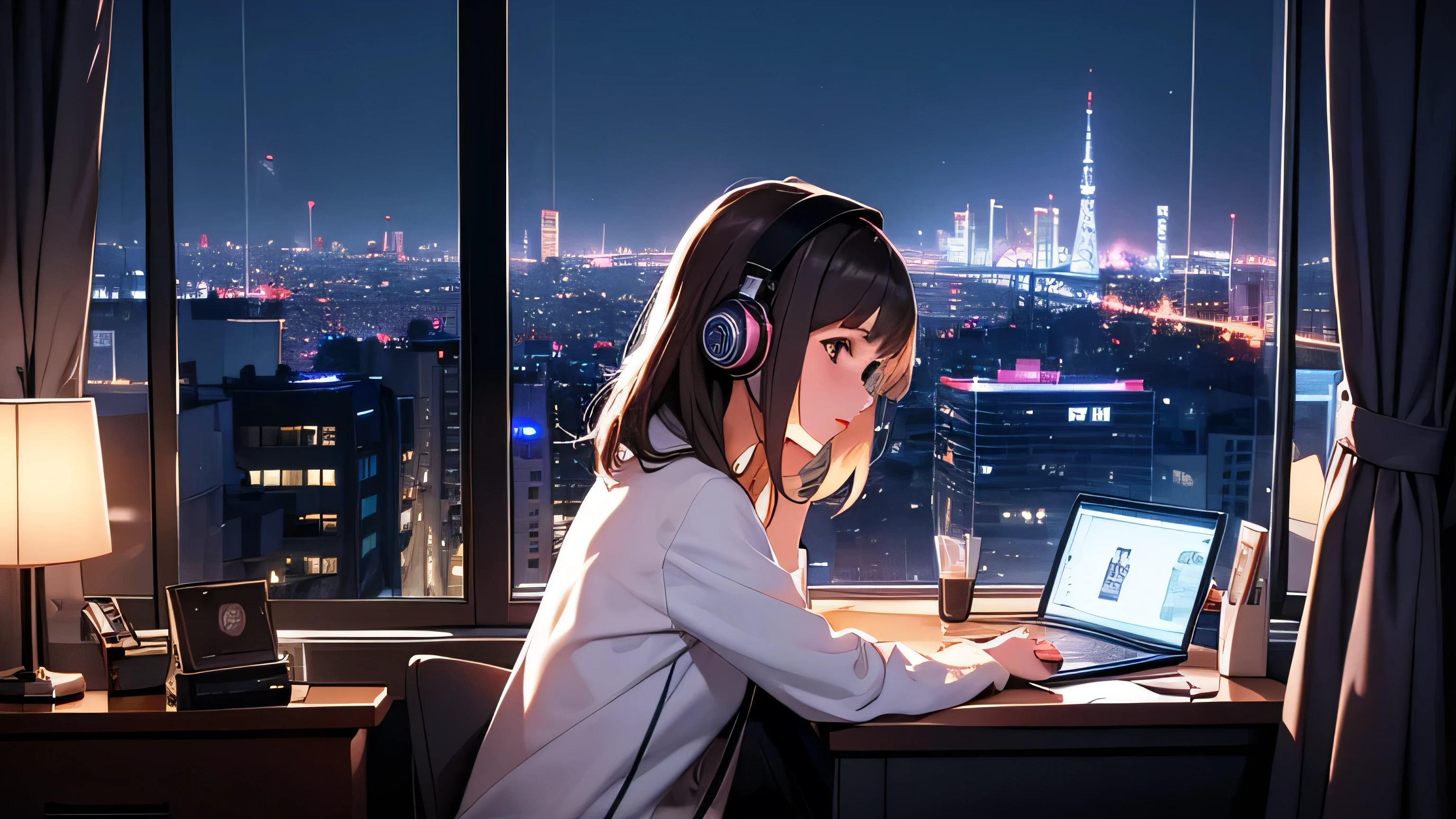 Night City　I opened my laptop on the desk in my room at night.　A cute girl studying while listening to music with headphones３０Generation of women　From the large windows you can see many buildings.　The night view is beautiful　it&#39;s raining　There are beautiful candles lit in the room.　Lo-Fi　candle