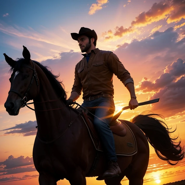 Man riding a horse in realistic cartoon appearance, clear image, vivid colors, silhouette, sunset, 4k