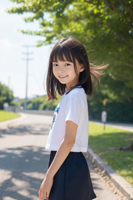 8k,masterpiece,Japanese,***************,from the front,smile,cute,Innocent face,Innocent,Kind eyes,Childish,Plain T-shirt,Short sleeve,Blue checked short skirt,semi-long,Hair blowing in the wind,Black Hair,Somewhat strong wind,noon,bright,Sitting