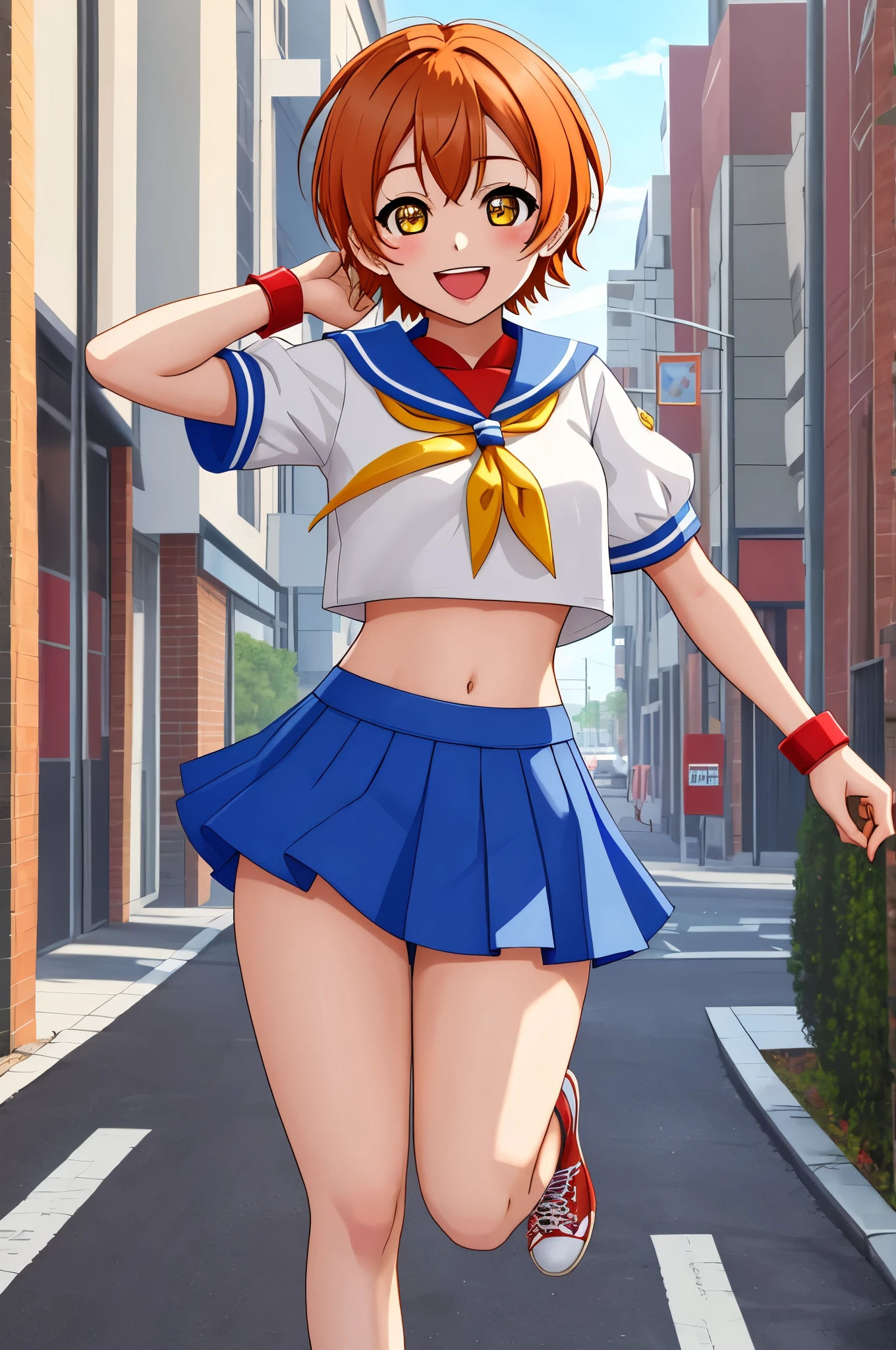 Masterpiece,best quality,Hoshizora rin, orange hair, yellow eyes ,bangs , crop top, red neckerchief,blue micro skirt, thighs, standing on one leg, cowboy shot,in street , :D 