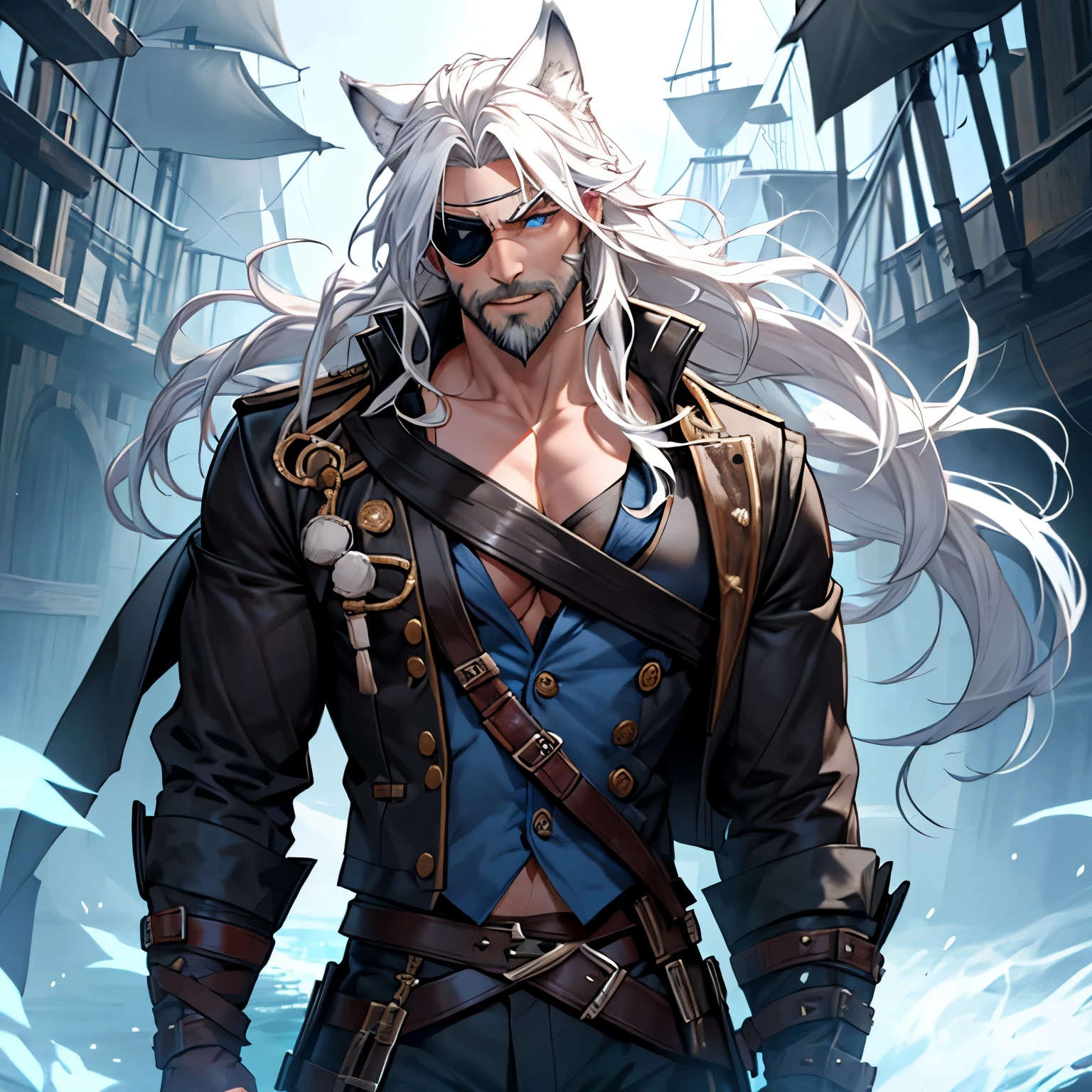 a muscular himbo with a short gruffy beard and long flowing white hair, has white wolf ears and isnt wearing a shirt, wearing pirate captain outfit, has eyepatch, solo, alone, (SOLO)(ALONE) 1 male, has glowing blue eyes, has long locks, innocent, stupid looking,