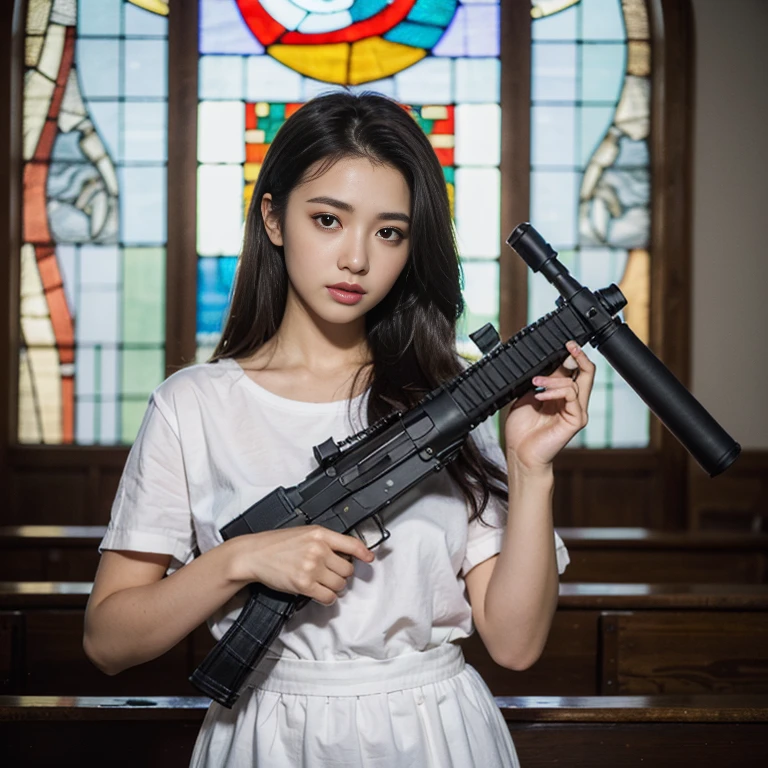 (highest quality、High resolution、Masterpiece: 1.2)、Super detailed、(Real、Photorealistic、Photorealistic: 1.37)、Cowboy Shot、Beautiful detailed eyes、Beautiful detailed lips、Highly detailed eyes and face、Long eyelashes、Huge Breasts、One girl、Portrait 、Full up hairstyle、Translucent latex dress、(FN SCAR-L 5.Holding a 56mm assault rifle towards the viewer:1.7)、A mixture of erotic and non-tension、Standing at the altar of the chapel、Stained Glass
