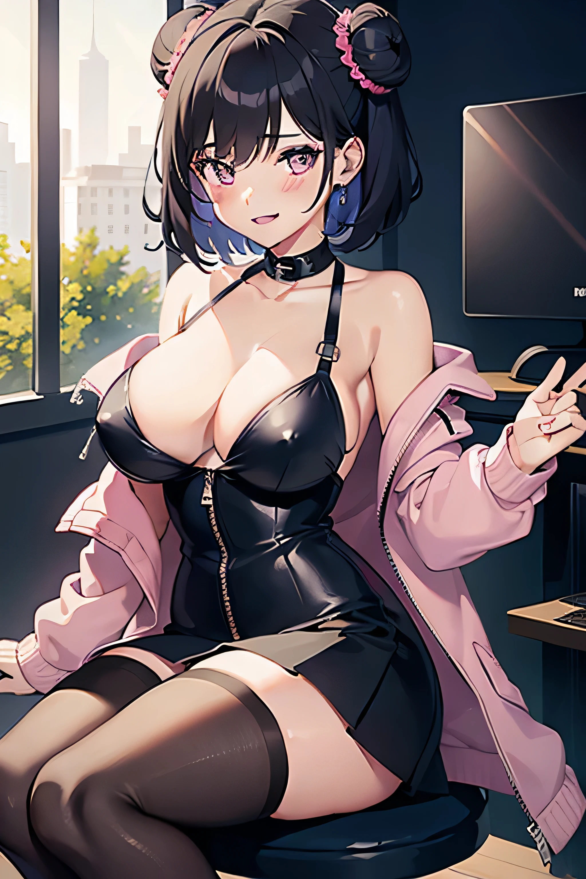 masterpiece, best quality, sexy, very seductive, 1 girl, short hair, shoulder length hair, black hair, curly hair, two buns, (pink eyes), smiling, wearing a jersey jacket, visible breasts, cleavage, visible nipples, jacket zipper open , breasts , skirt, in the game room, many game CDs, holding the game controller with both hands, focusing on the game, sitting on a chair, many game monitors