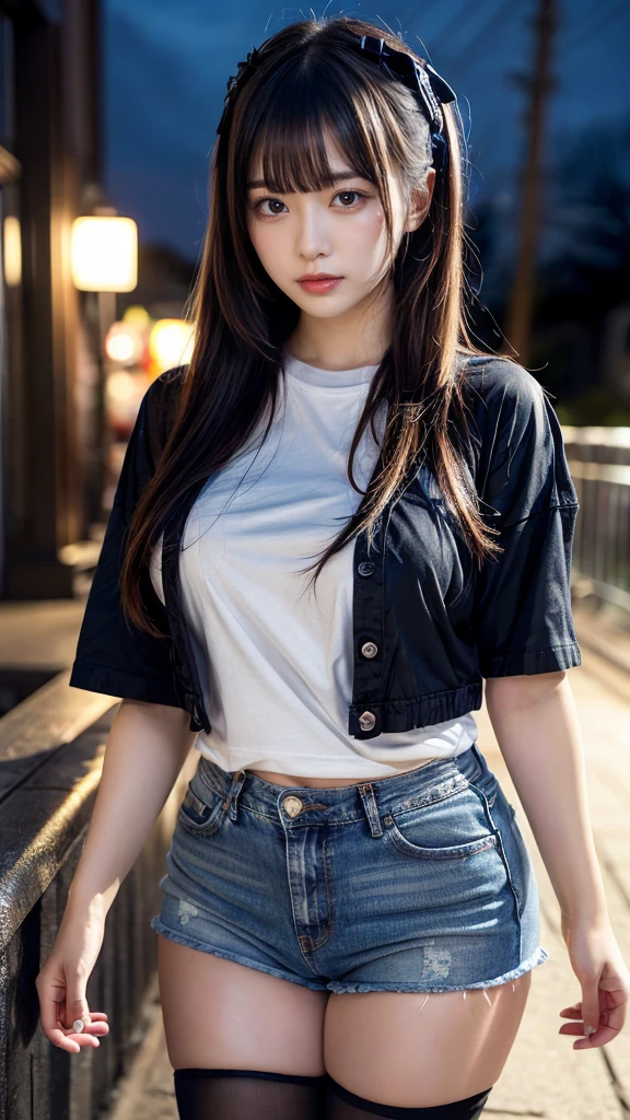 muste piece, best quality, illustration, Super detailed, fine details, High resolution, 8K,wall paper, perfect dynamic composition,(Details High quality, realistic depiction of eyes:1.3), (Fashionable, Oversized T-shirt, a denim miniskirt), (large breasts), black hair color, Big Natural Color Lip, (perfect body shape), crying a little、cold gaze, Harajuku style、20 year old girl、cute type、ta、beautiful legs, night club, at midnight, Gravure Idol, Voluptuous thighs
