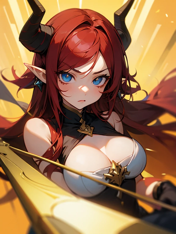 Masterpiece, best quality, expressive eyes, perfect face, 1girl, club (weapon), solo, breasts, golden horns, red hair, weapon, pointy ears