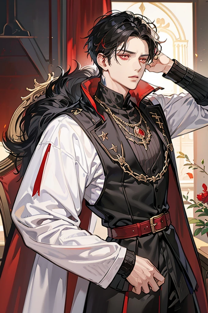 1 male, adult face, short messy black hair with bangs, handsome, blood red eyes, detailed eyes, tall and lean body, condescending, arrogant, royalty, tyrannical ruler, ((black, red, gold, (white))), medieval fantasy, dark souls, close up