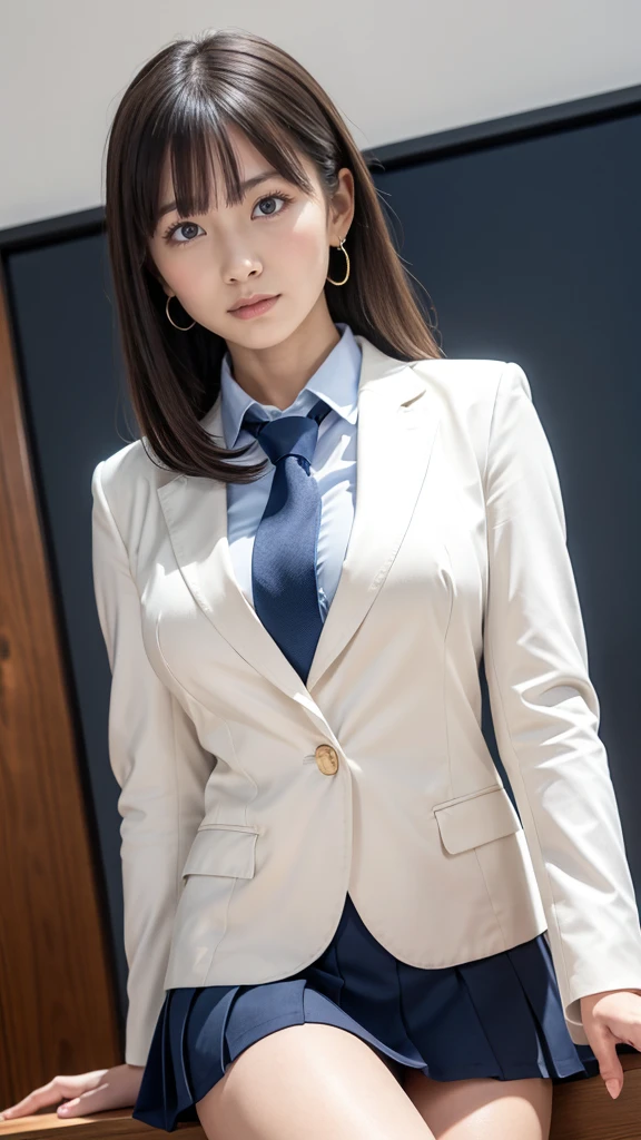 a Japanese girl walking in the school, school, a white wall, a grey table, ((master piece)), ((best quality)), ((intricate detailed)), ((Hyperrealistic)), milf, mature woman, perspective, highly detailed, illustration, ((natural beautiful breasts)), perfect hands, detailed fingers, beautiful detailed eyes, medium long hair, blown eyes, school blazer, school shirt, school dark blue mini skirt, long school necktie, earrings, detailed background, perfect eyes, looking at the viewer, from front, white panties, slender body, 168cm,
