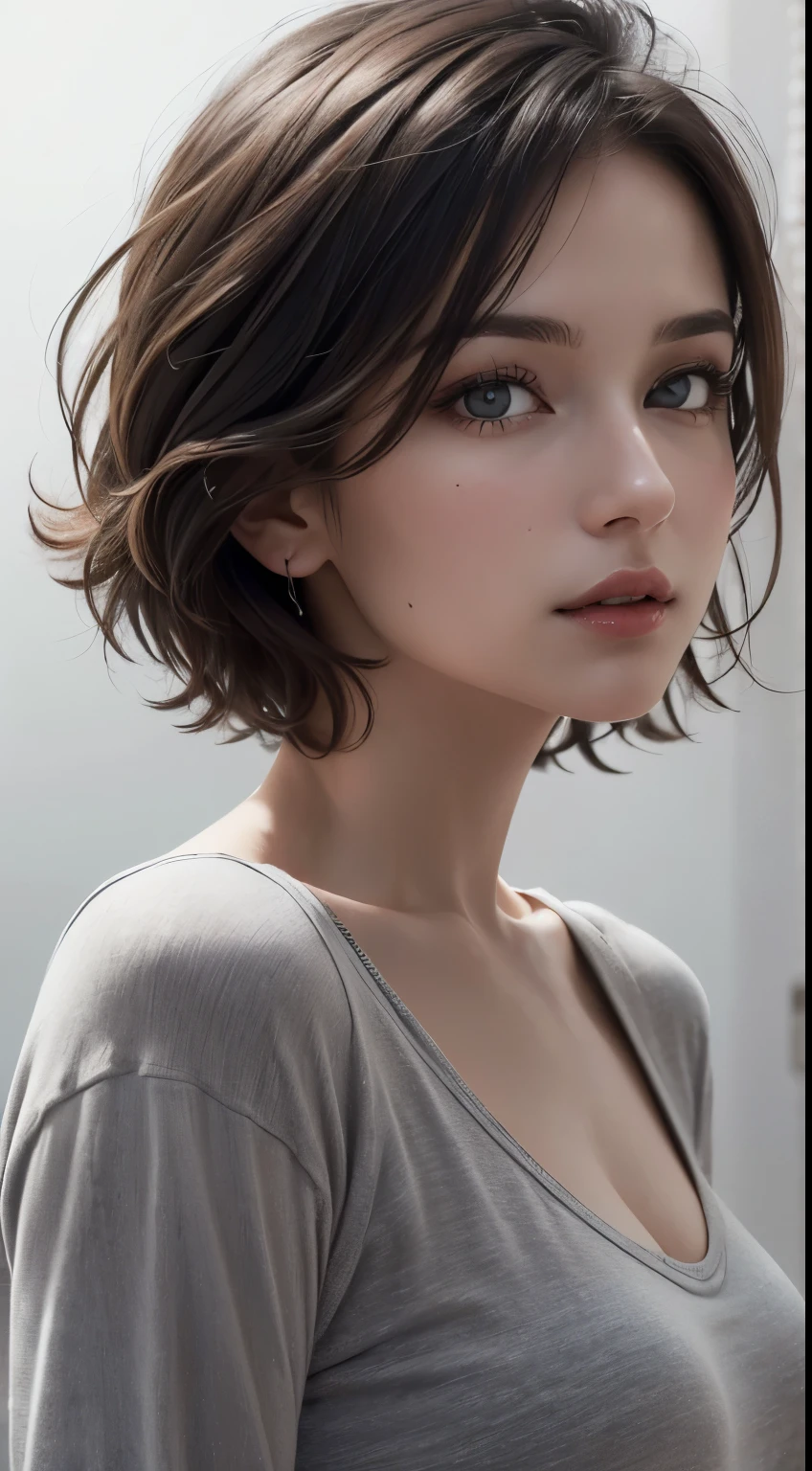 8K uhd、RAWphotograph、モデルphotograph撮影、 European race、(masterpiece、highest quality、Photorealistic、High resolution、photograph:1.3)、Close-up、Focusing、Hot Model、slim、30 year old mature woman、Small face、Short Hair、Dark Brown Hair、Fine beautiful eyes、Realスキン、(perfect body)、Sexy hot face、Erotic、Sexual gaze、slim、Sweat top、Detailed beautiful eyes、Glossy lips、Small breasts、、Bust B cup、((Bright light、Dynamic lighting、Real、超Real、 realism、Realなディテール、Cool beauty、Cool pose、Background gray、Plain grey background