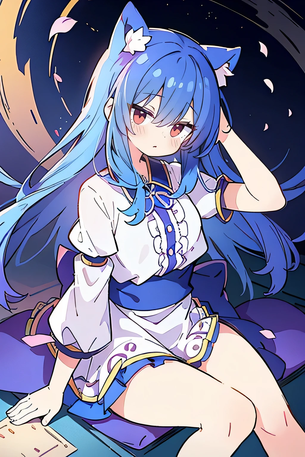 (masterpiece:1.2),Super detailed,Practical,expressive eyes,Fair skin,Perfect face shaping,1 Girl,
Japanese cartoons,Gorgeous blue hair, the long flowing blue hair,Floating clothes,Cat ears,Petals falling,beautiful lola,Young Angel,
Hands on waist,sit elegantly on the ground,Cross your legs,Gentle and peaceful background,Cool and cozy pavilion,Sunset,