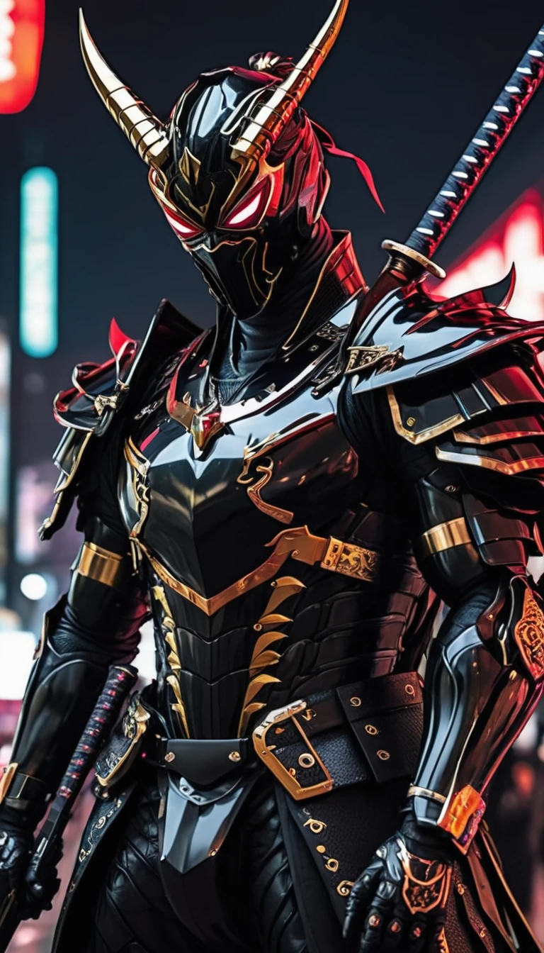 araffe dressed in a black suit holding a sword and a sword, cyborg samurai, cyber japan samurai armor, cyberpunk samurai, very beautiful cyberpunk samurai, full samurai armor spiderman, bio - mechanical ninja samurai, portrait of a cyberpunk samurai, cyber japan style armor, cyber japan armor, celtic and cyberpunk armor, black bull samurai, intricate assasin mecha armor