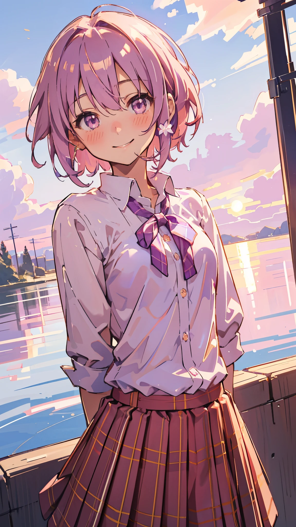 Genki girl、alone、Yuzuki Yukari、18-year-old、Small breasts、Slim figure、smile、blush、Light purple hair、short hair、(Hair between the eyes)、（white blouse shirt:1.2、Tartan Check Skirt）、Upper body close-up、Golden Hour Sky