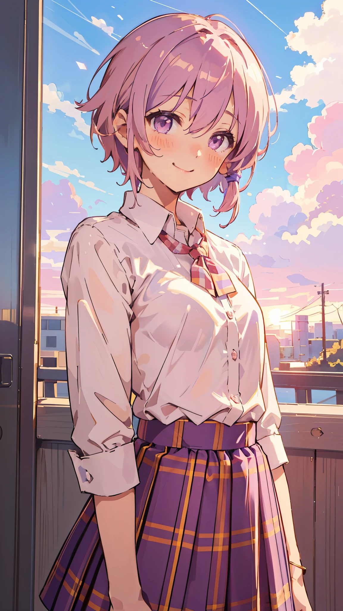 Genki girl、alone、Yuzuki Yukari、18-year-old、Small breasts、Slim figure、smile、blush、Light purple hair、short hair、(Hair between the eyes)、（white blouse shirt:1.2、Tartan Check Skirt）、Upper body close-up、Golden Hour Sky