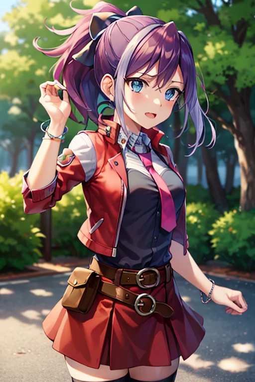 masterpiece, best quality, highres, 1girl, solo, hy1, hair ornament, multicolored hair, necktie, skirt, sleeveless, , black thighhighs, jewelry, aaserena, ponytail, multicolored hair, red jacket, black shirt, belt, white skirt, happy, cowboy shot, outdoors, forest 