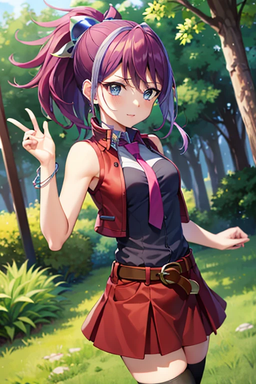 masterpiece, best quality, highres, 1girl, solo, hy1, hair ornament, multicolored hair, necktie, skirt, sleeveless, , black thighhighs, jewelry, aaserena, ponytail, multicolored hair, red jacket, black shirt, belt, white skirt, happy, cowboy shot, outdoors, forest 