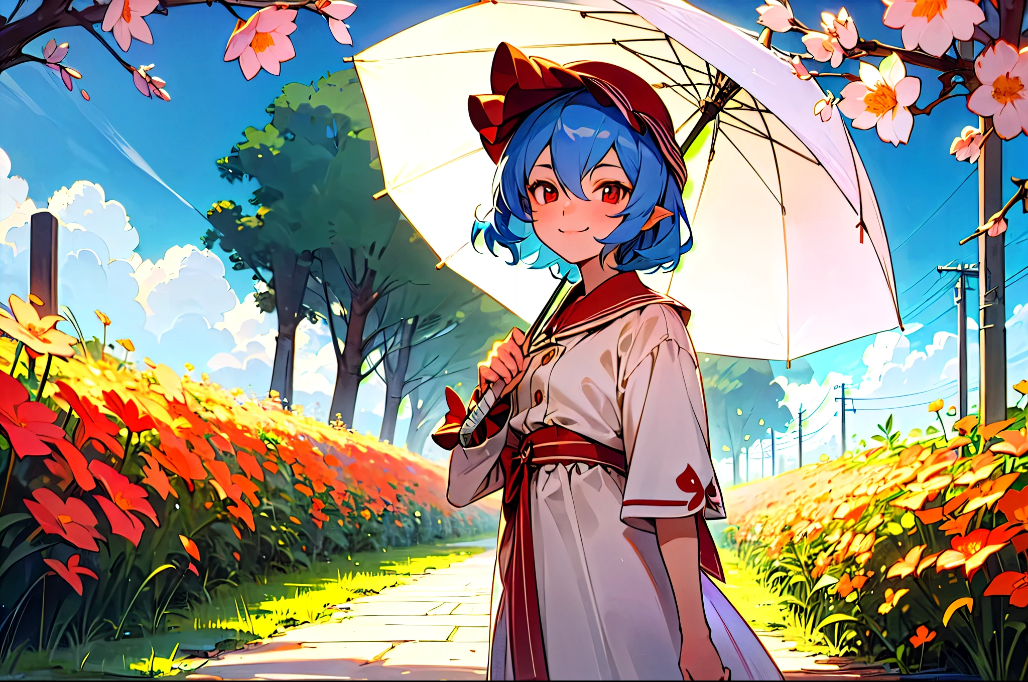 High resolution, masterpiece,highest quality, Super detailed, (Fine grain), (Detailed face),One girl, Remilia Scarlet, Smiling, Have a parasol, Walking along a brick road, noon, sunny, There are many flowers blooming around