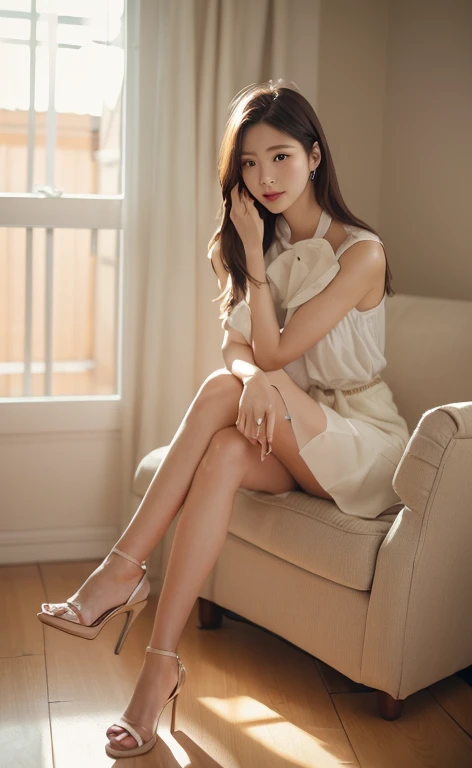 (Ultra-realistic), (High resolution), (8k), (very detailed) (beautifully detailed eyes),masterpiece, Best image quality, high quality,(super detailed), (wallpaper), (detailed face), The whole body is visible、Beautiful legs、thin脚、Look at me,Beautiful woman, Japanese, detailed, detailed eyes, detailed skin, Beautiful Skin, 超High resolution, (reality: 1.4),so beautiful, Beautiful Skin, thin, The finer details, detailed face, Realistic photos, Bright lighting, Professional Lighting, Iris、Brown Hair, Short hair swaying in the wind, Stylish bangs、thin眉毛、smile、flat chest、　neat woman, natural beauty、　light makeup　、thinウェスト、Mini tight skirt、blouse、Hide chest、Sit on a chair、crossed legs、Short Hair